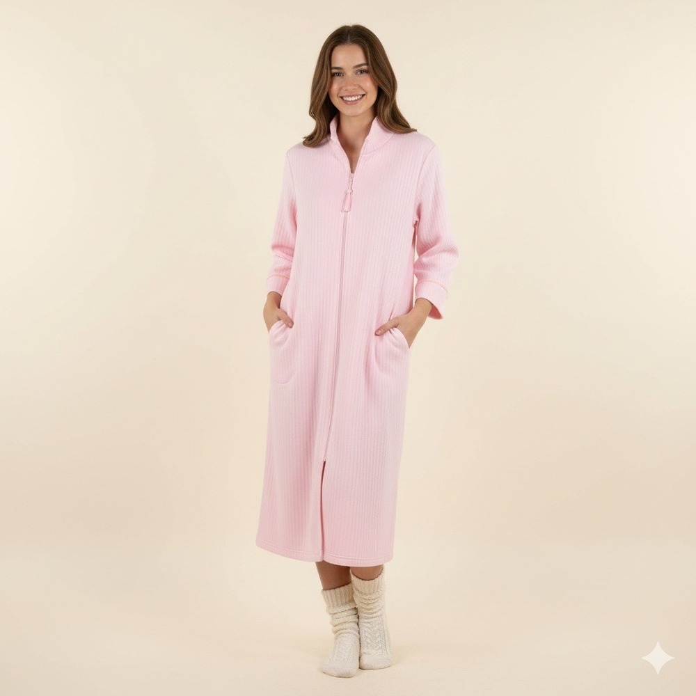 Collette by Miss Elaine Pink Zip Robe XL‎ Quilted Long Sleeve Housecoat Pockets
